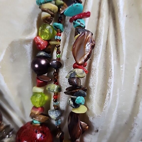 Artsy Colorful Eclectic Seashell, Ceramic and Stone Beaded Necklace - Picture 6 of 12
